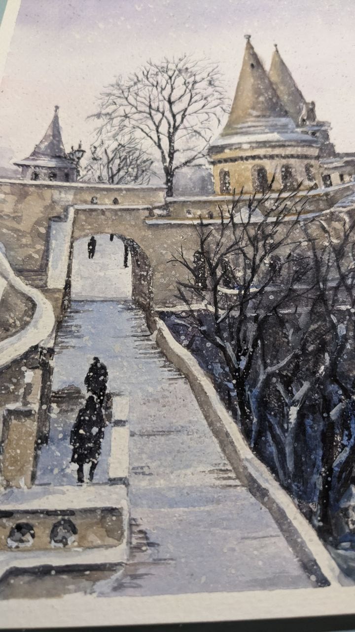 Winter Cityscape Painting European Castle Snowy Town Artwork Christmas Holiday
