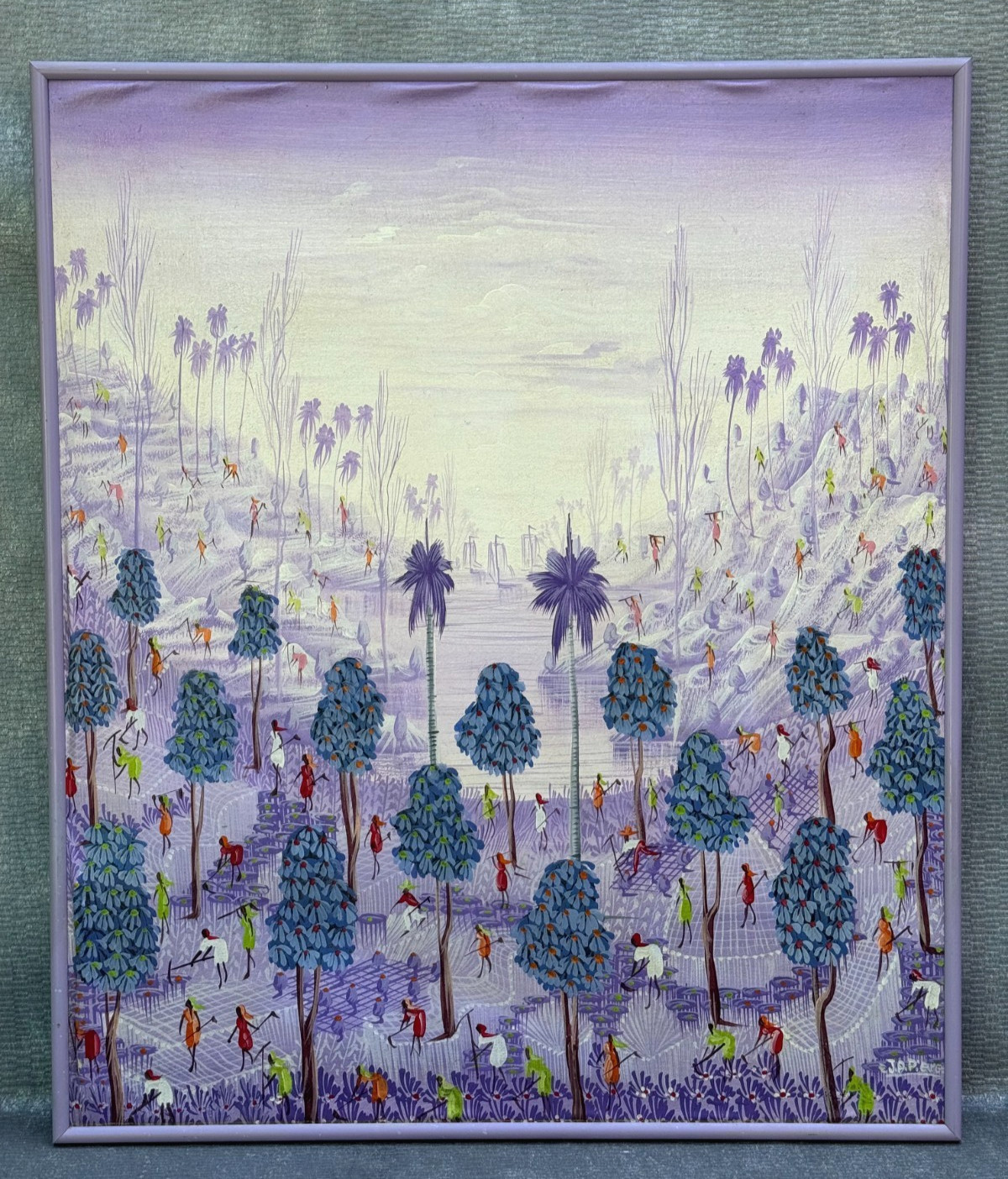 J.A. PIERRE SIGNED HAITIAN CARIBBEAN OIL PAINTING FIELD WORKERS LABORERS ON HILL