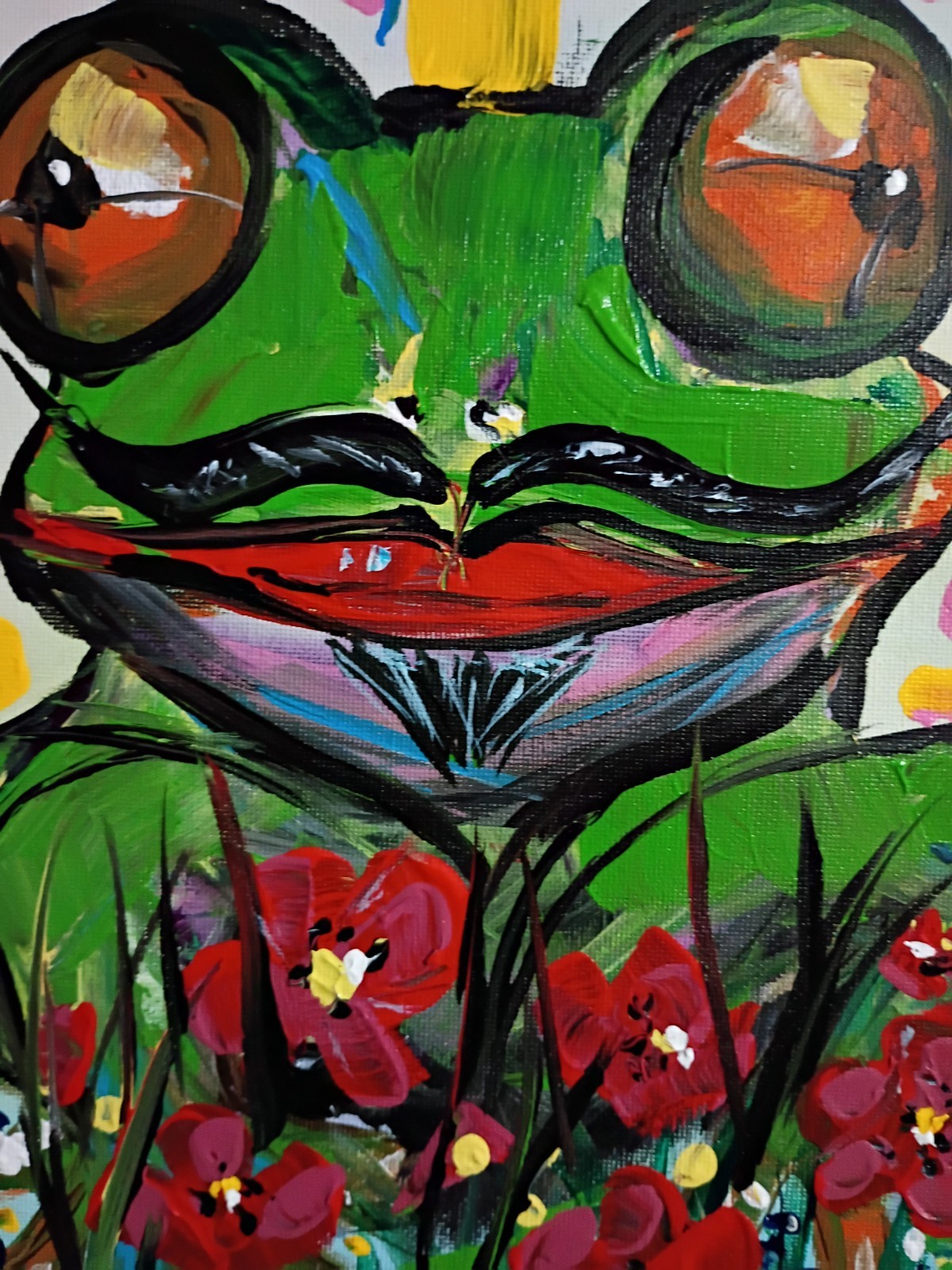 Mustache Frog 9×12 Canvas Original Art Expressionism Abstract Funny Amphibian
