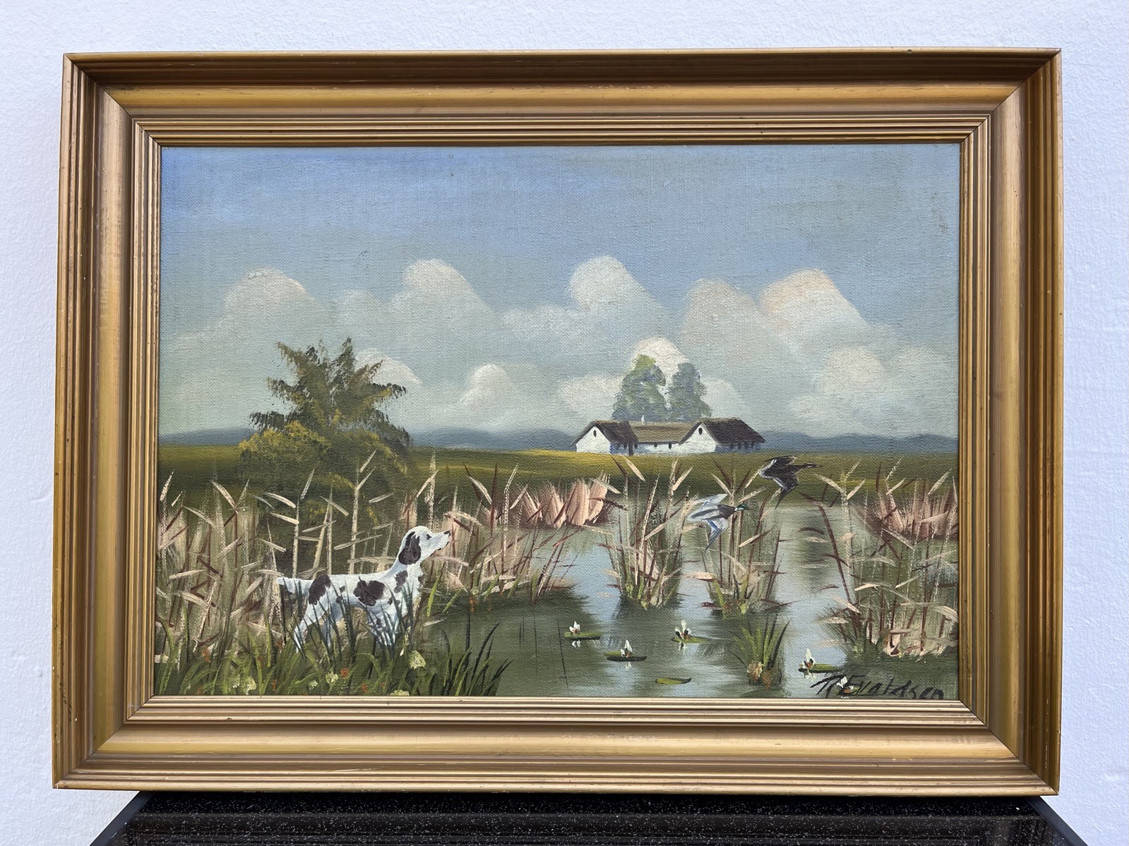 Impresssionist Wide Summer Landscape With Lake Home Jagdhund Ducks Oil Painting