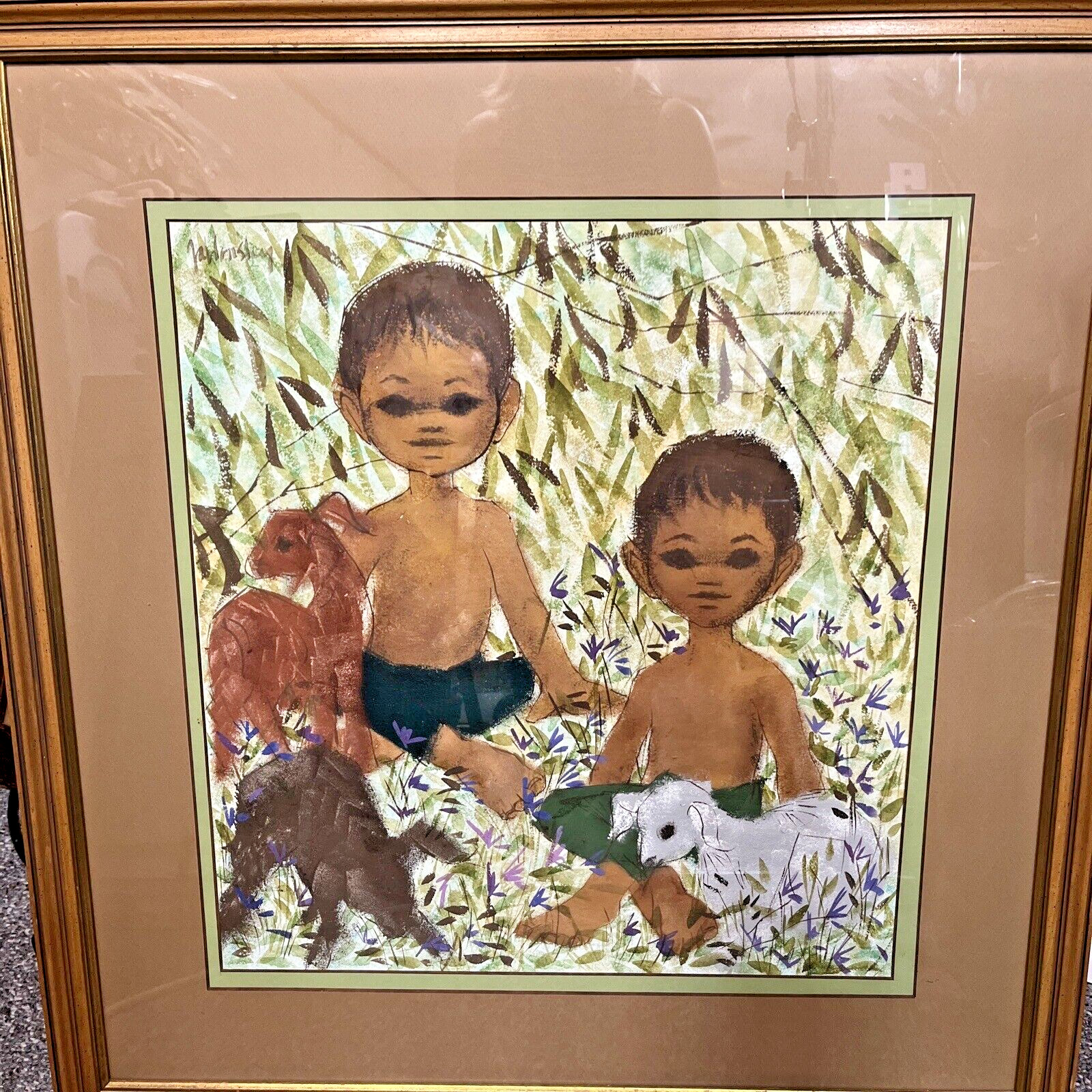 Vintage Original Artist Signed Art on Paper Framed Matted Boys Lambs Goats 1970