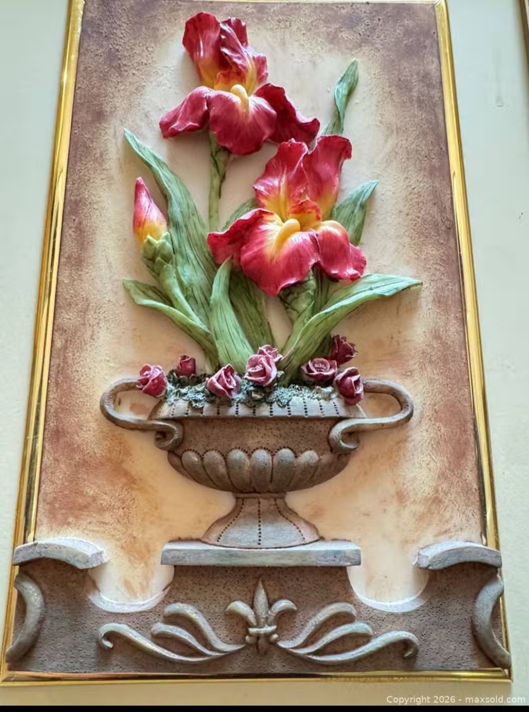 Vintage 3D Floral Relief Wall Art Framed – Tulip Flowers in Vase Decor