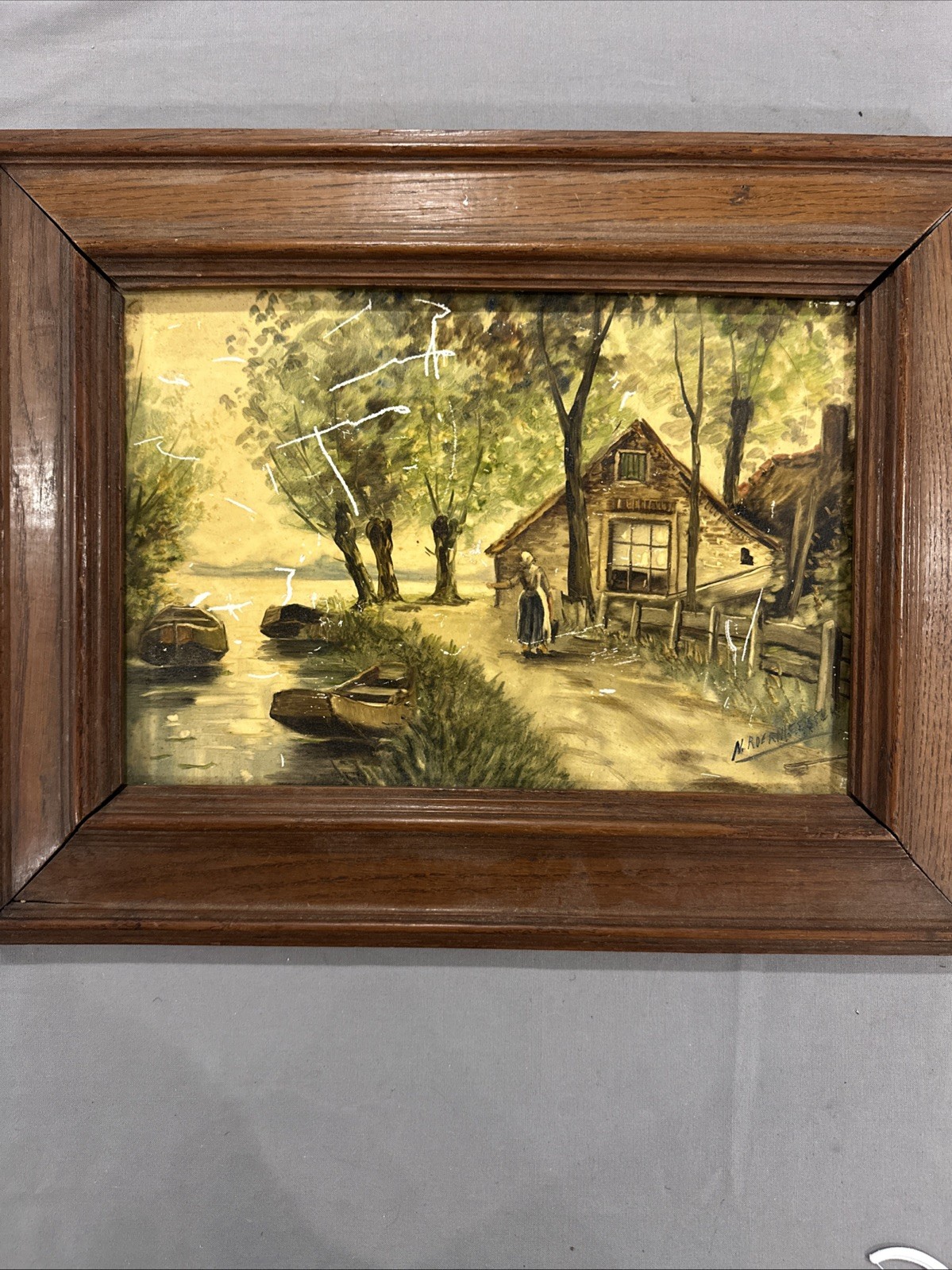 Antique Hand Painted and Signed Tile with Cabin, River, Lake Scene *Framed