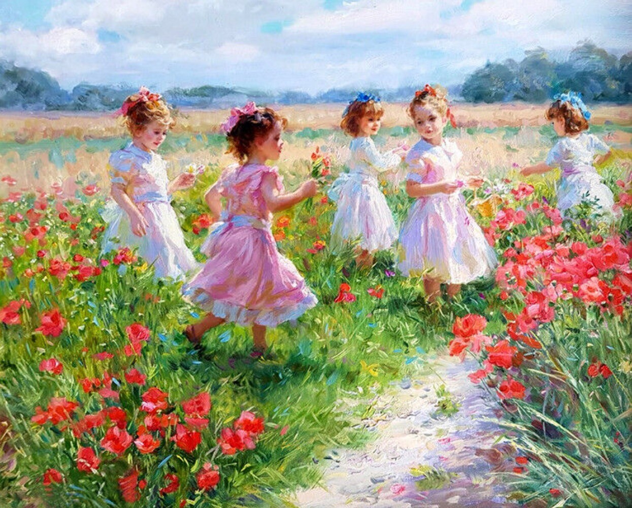 Giclee Cute little girls in the garden painting Art Printed on canvas