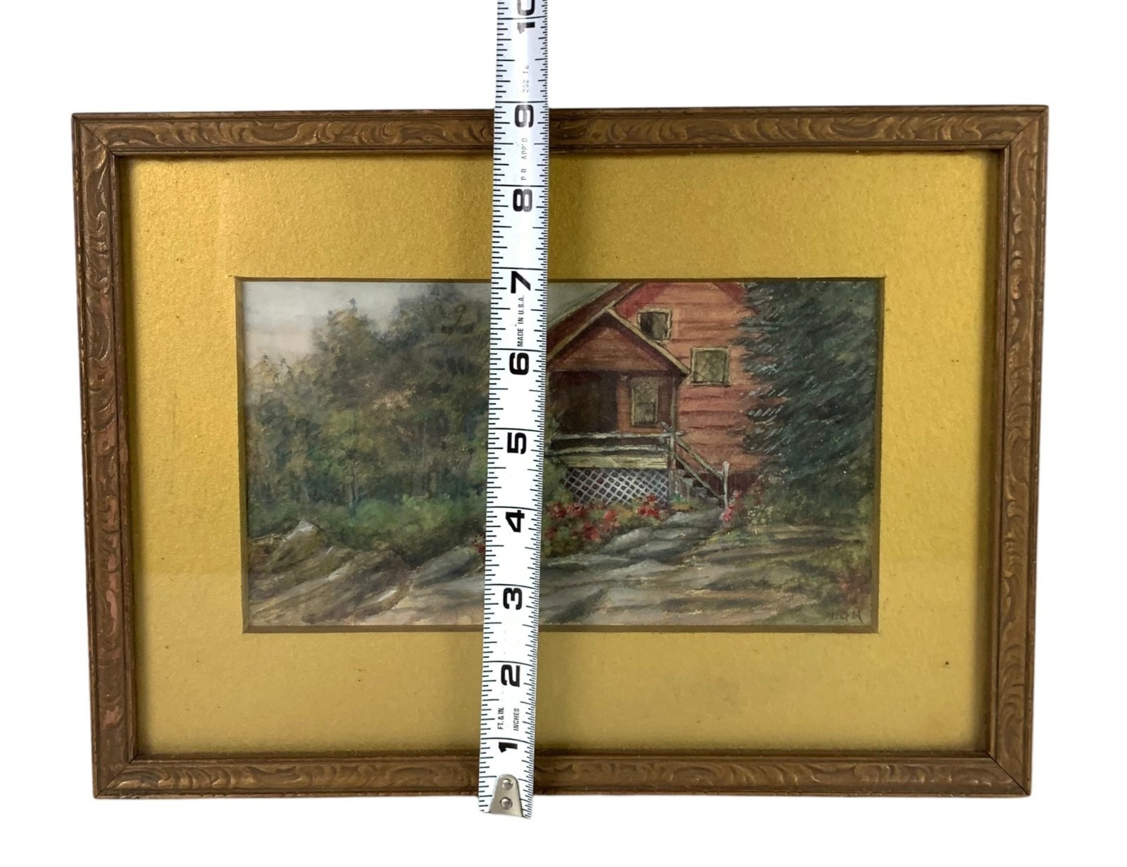RH Macy & Co Herald Square Inc NY Framed Gouache Painting of Cottage Signed
