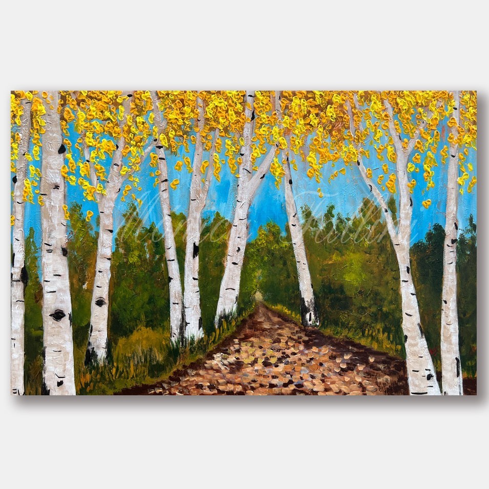Aspen trees yellow autumn foliage path ORIGINAL painting 20 x 31 by Fallini