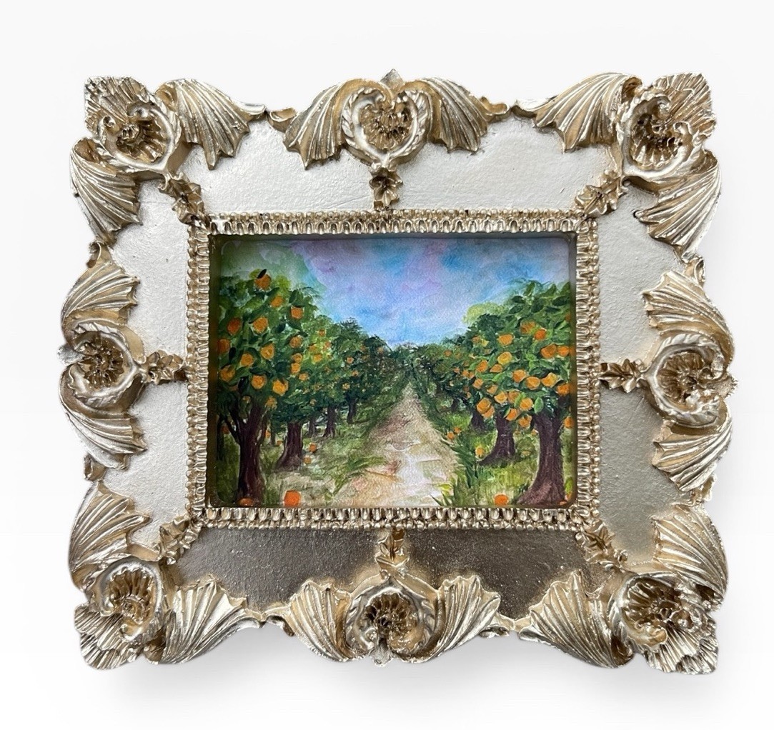 Beautiful Orange Grove 🍊watercolor print in mini gold vintage style frame
