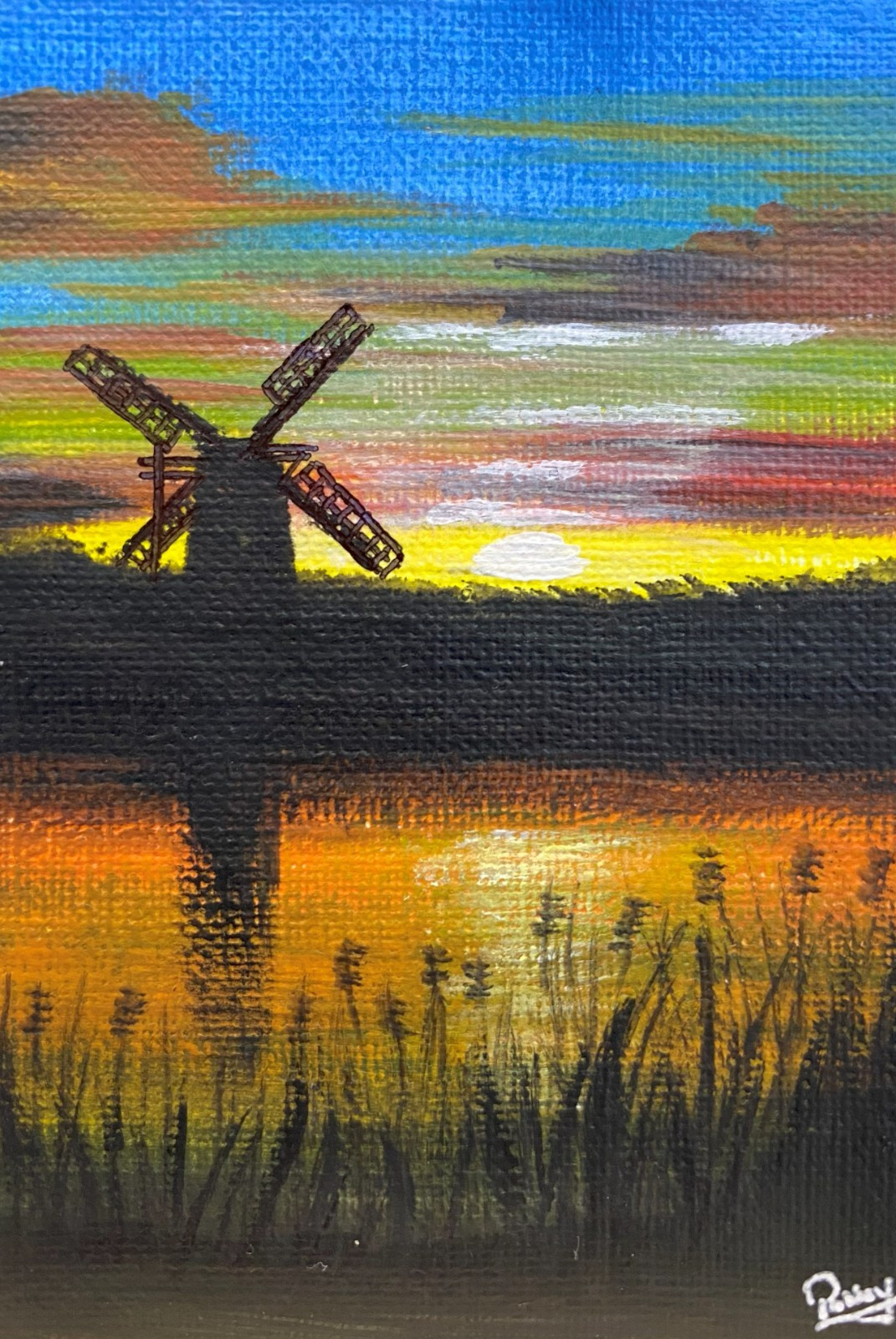 ACEO Acrylic Painting Windmill Sunset Sky Water Reflection Landscape Nature Art