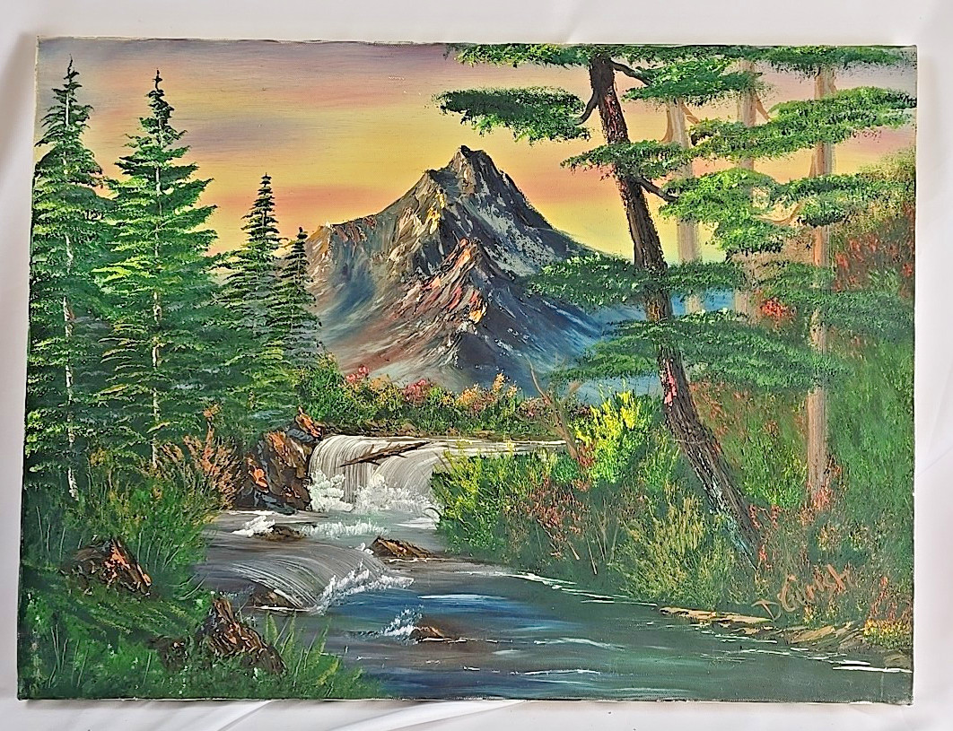 Original Art Painting on Canvas Mountain Stream Landscape 24 X 18 Artist Signed