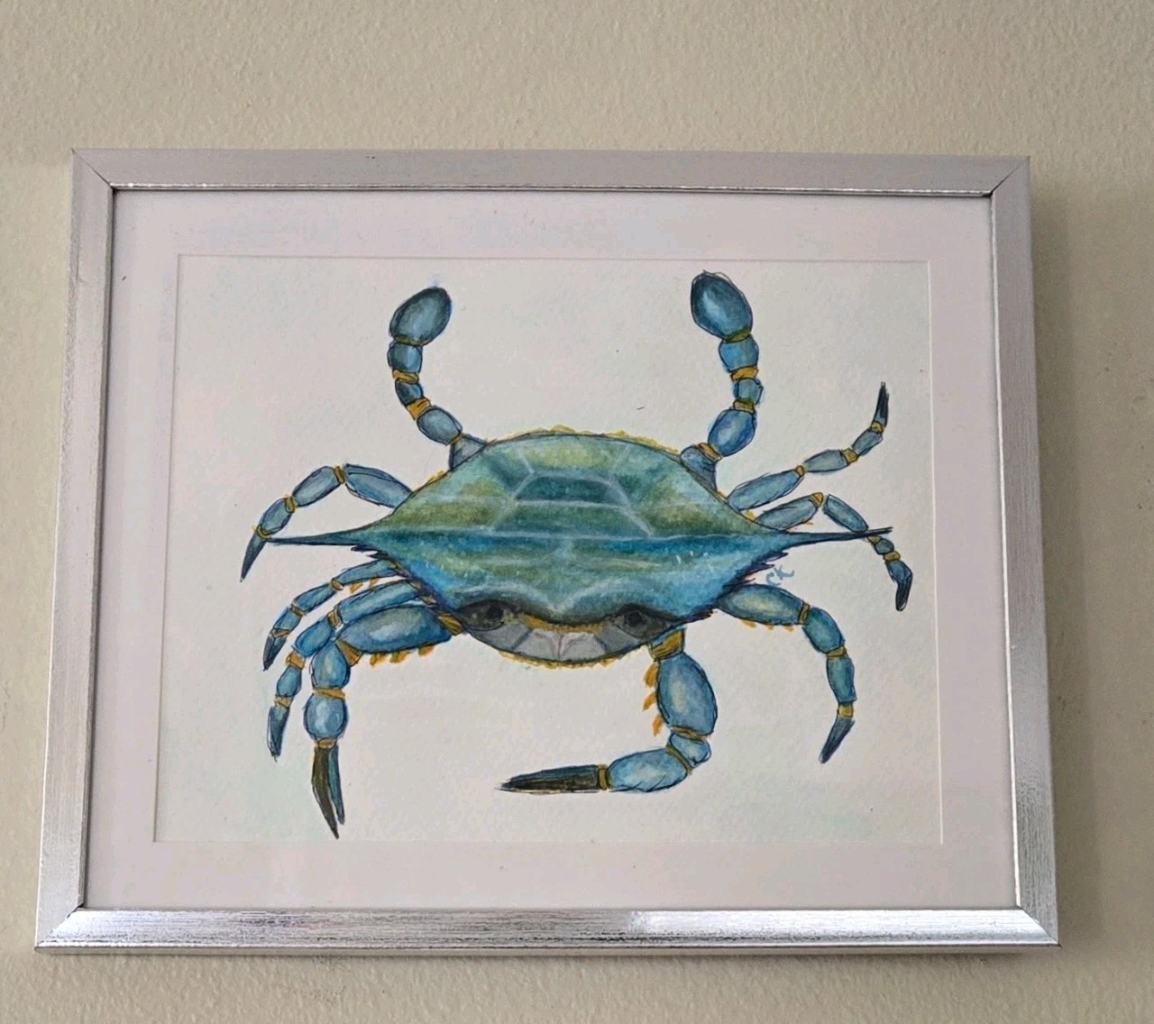 Original Watercolor Painting of Crab with Display Frame OOAK By CK 8.5 X 11 In