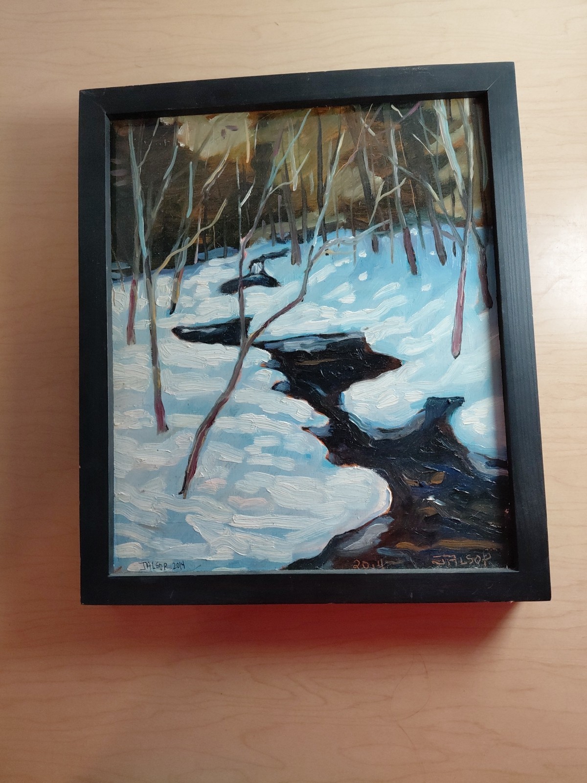 2014 Original Oil On Wood Veneer – Jalsop – Stream In Winter – 11″x13″ Framed