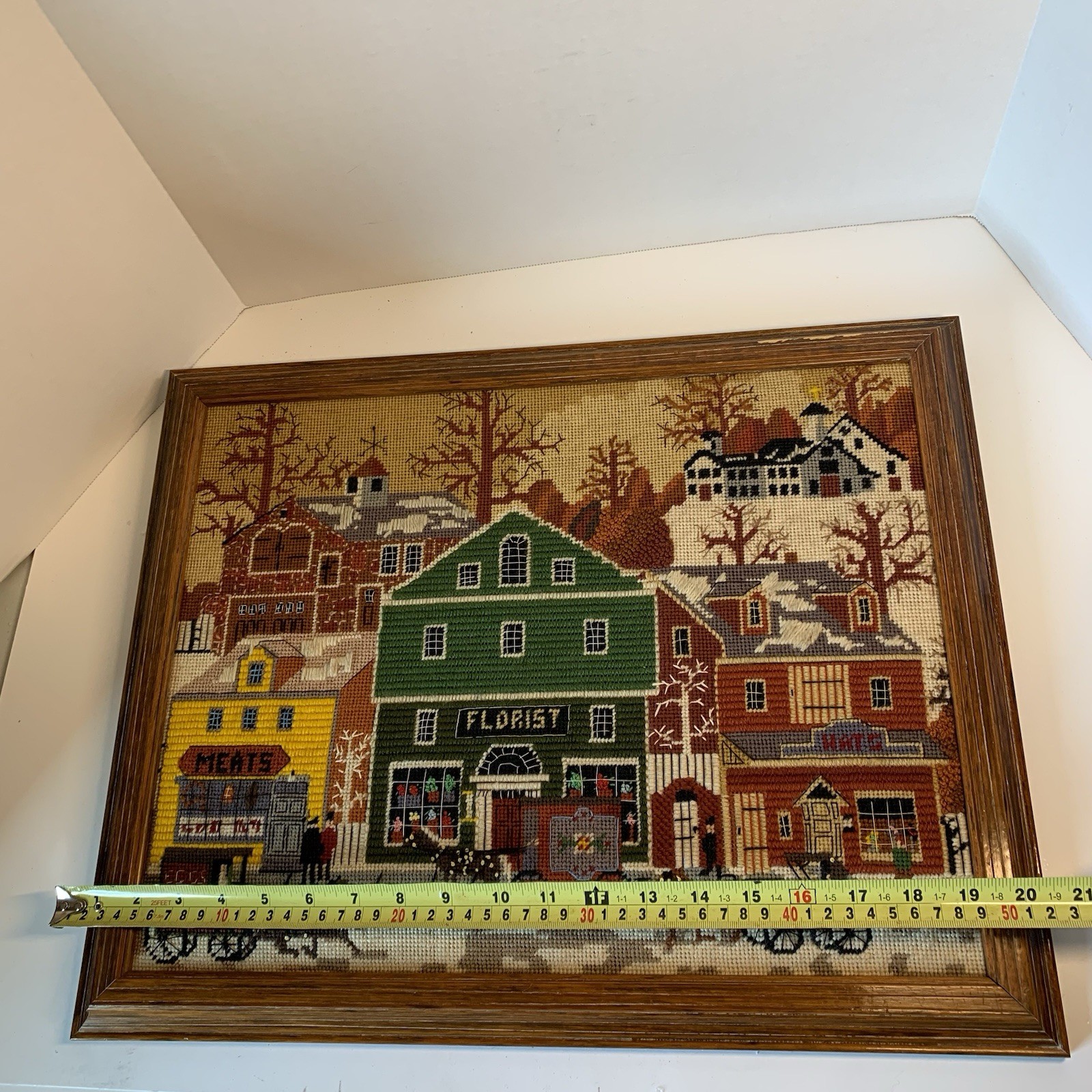 Vintage Framed Needlepoint Art Charles Wysocki Main Street Dimensions 2143