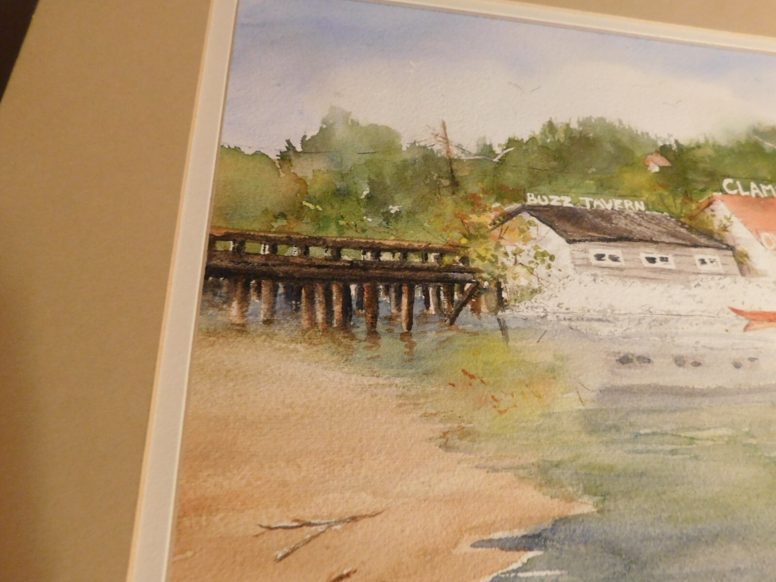 Original Watercolor Clam Oyster Shack Buzz Tavern Boat Signed Janey ’83