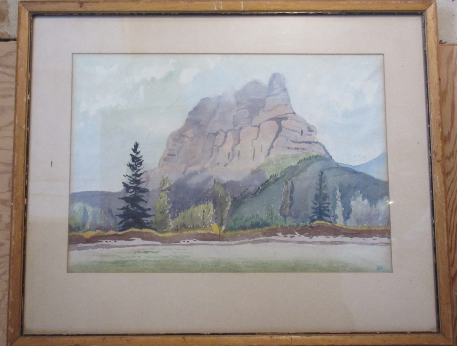 Old Vintage Watercolor Painting Castle Mountain Alberta Signed E.P. 1942