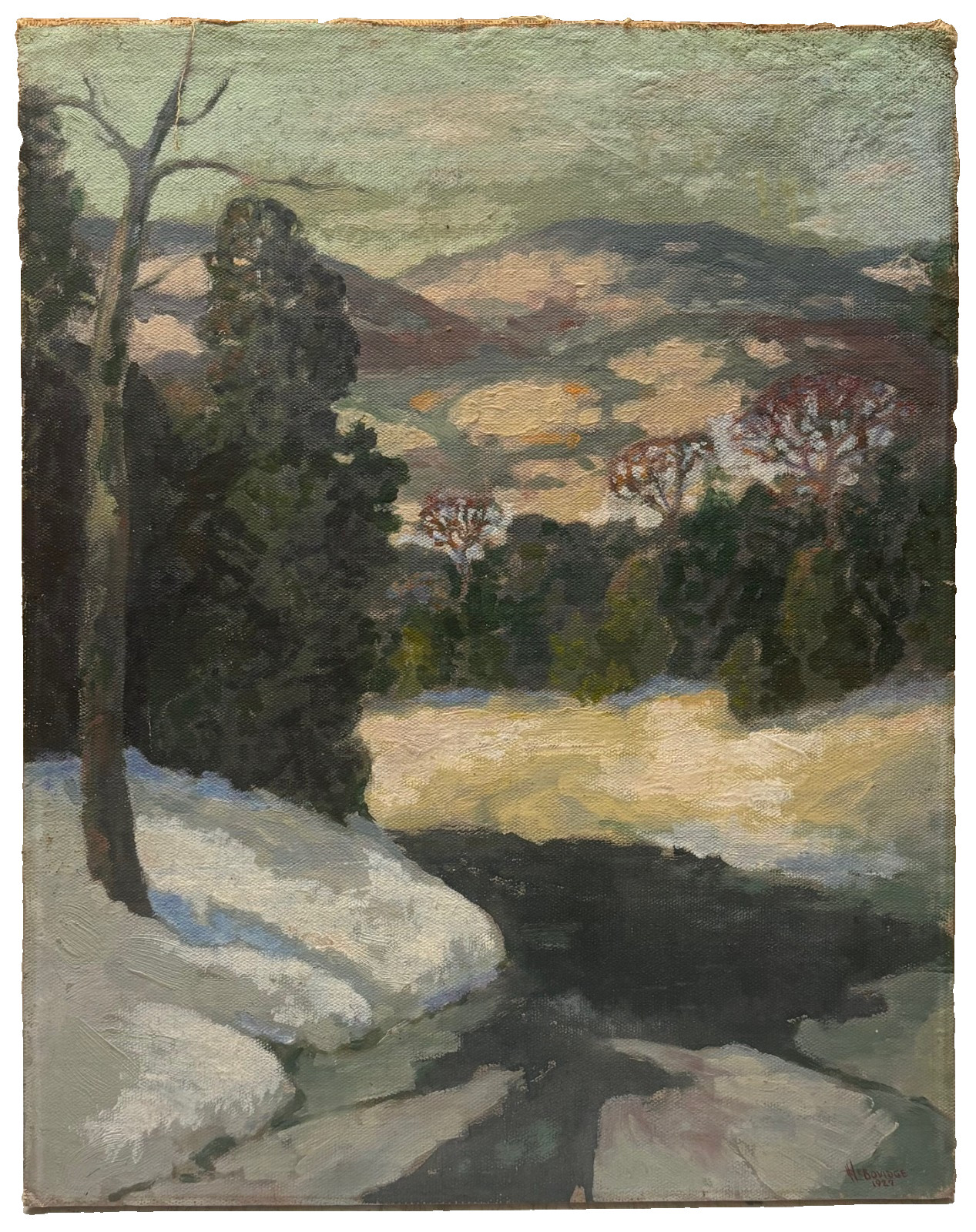 Vintage Harold Lebovidge ARTS & CRAFTS Winter Stream Mountain Landscape PAINTING