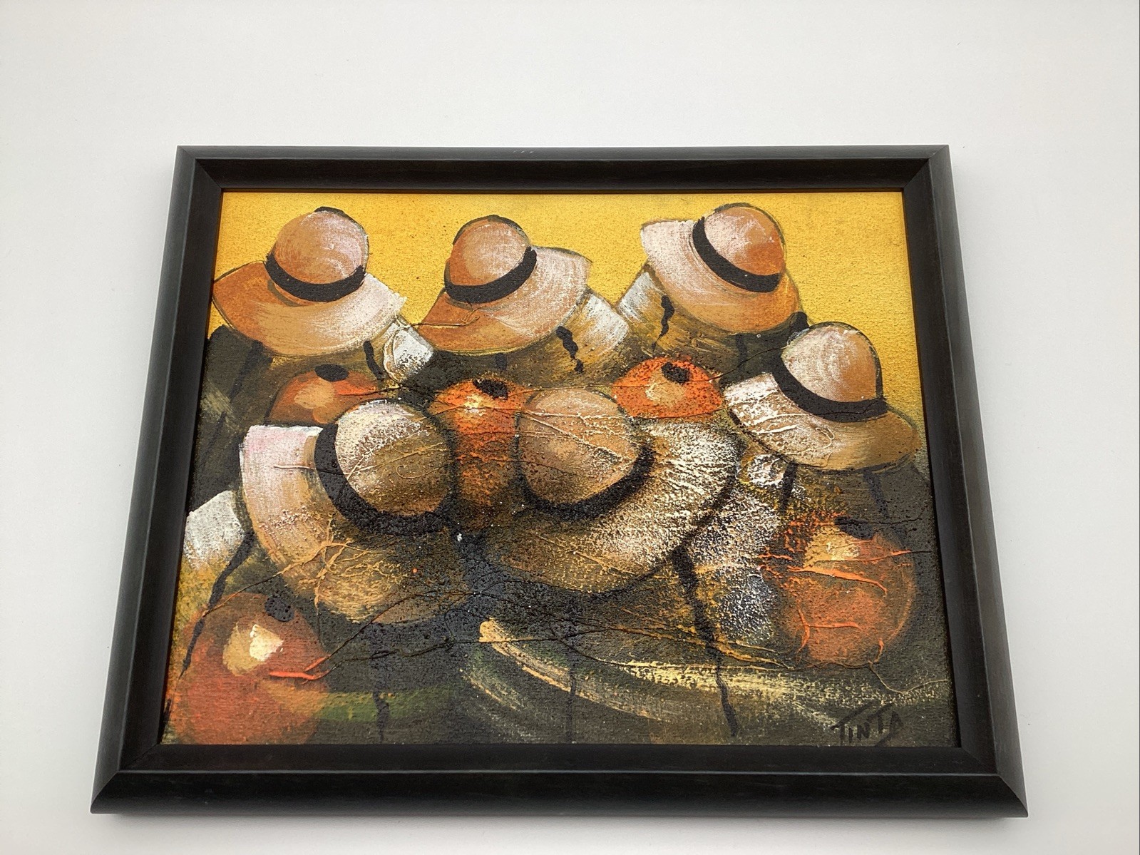 Signed Textured Mixed Media Painting Women In Hats Contemporary Framed 11×14 Art
