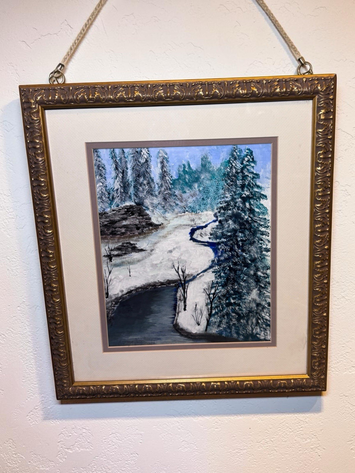 Original Oil Painting Stream In Snowy Forest Trees Framed Double Matted 18 X 16”