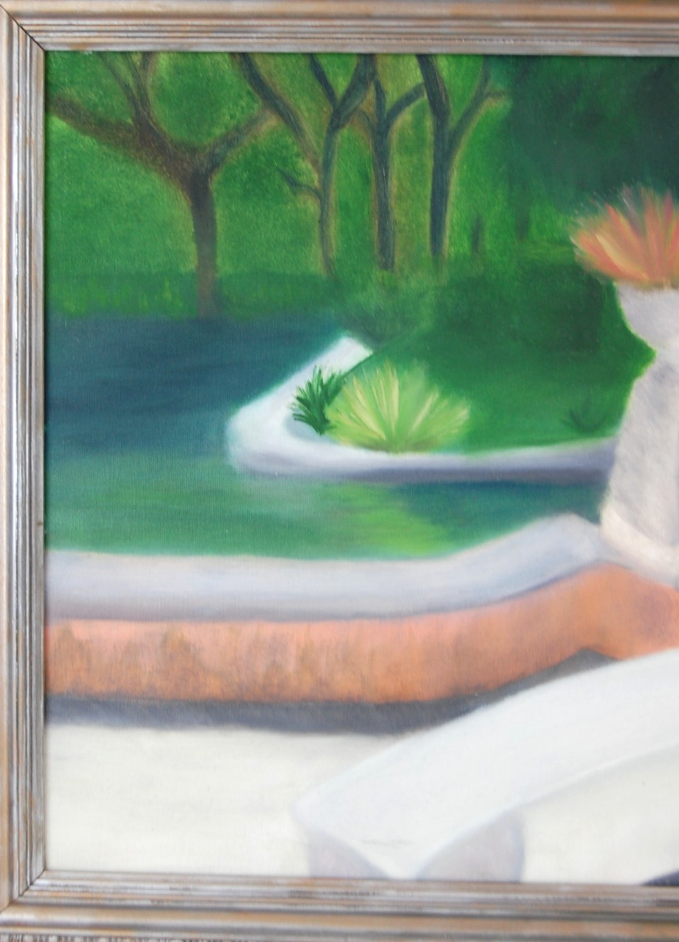Vtg 80s Original Framed Naive Art Oil Painting «Garden & Forest Landscape» 20X16