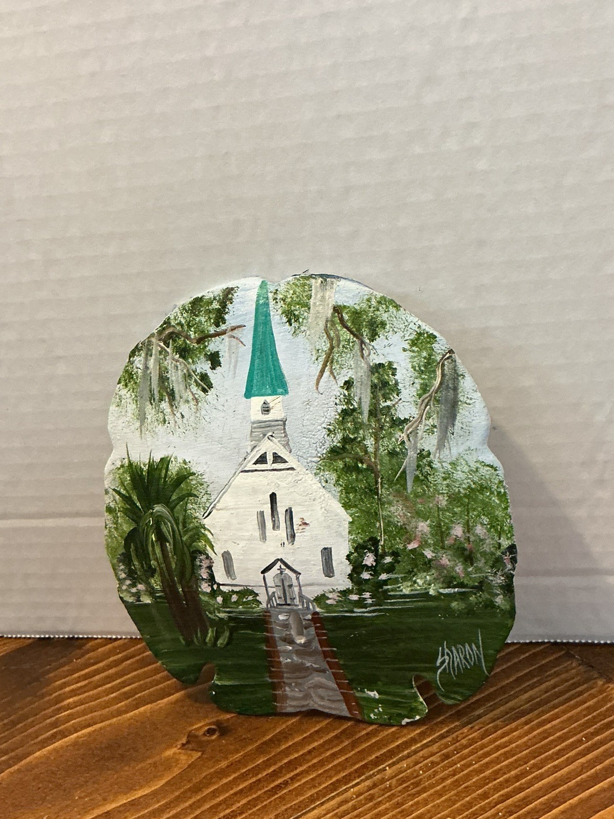 Sand dollar art/Hand-painted/Chapel scene 4.5-5 inches