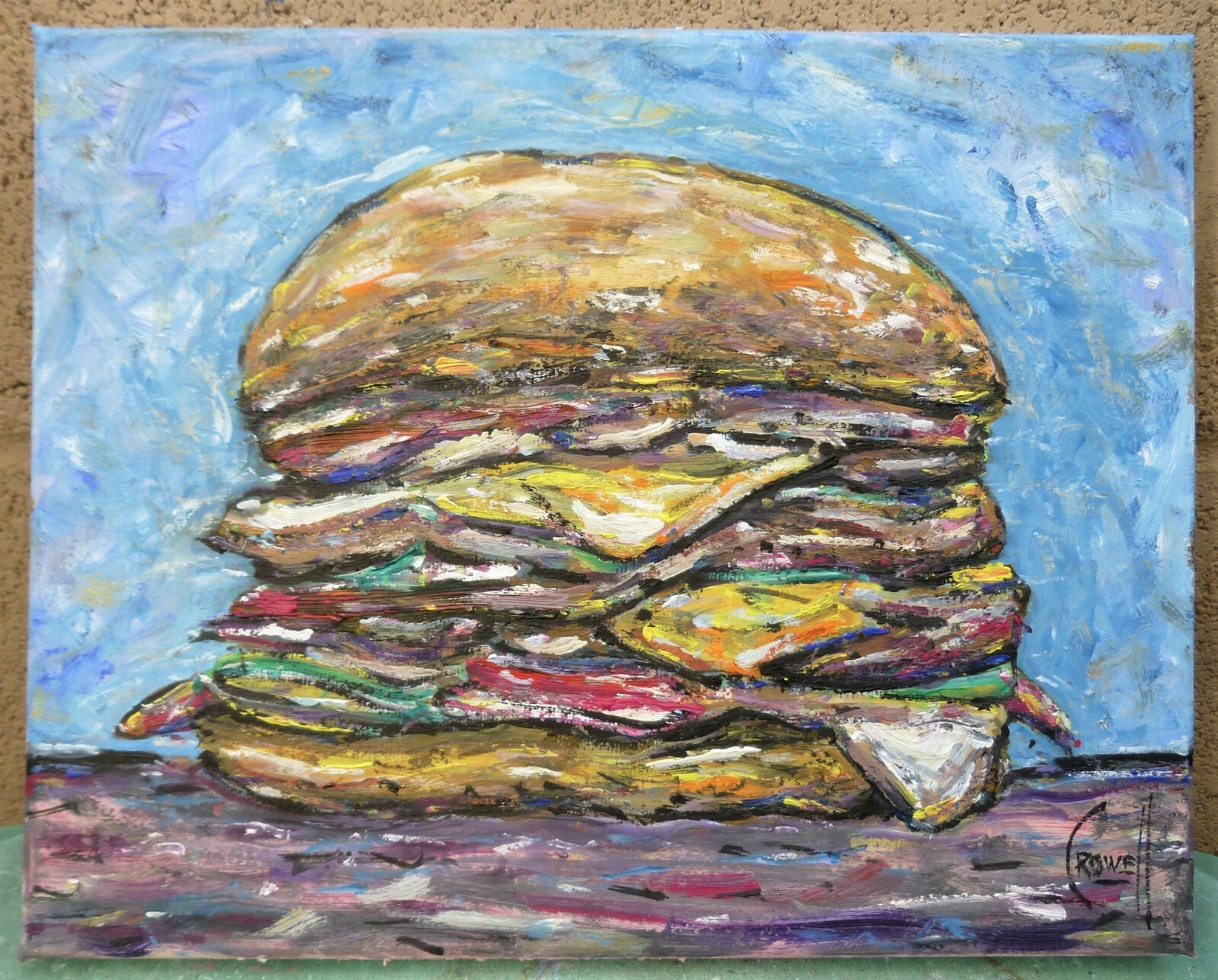 A DOUBLE SMASH BURGER food NEW original 8×10 canvas oil painting signed Crowell