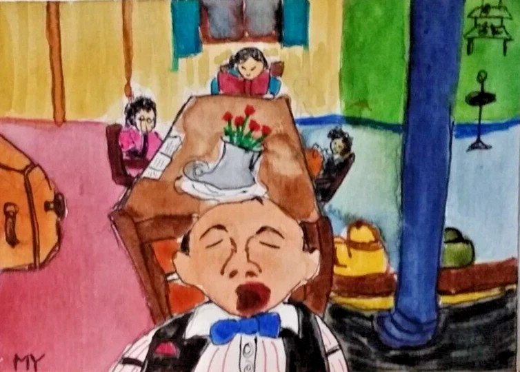 ACEO Original – Yarning Man Family Hockey Night – Watercolor 2.5 x 3.5 Signed