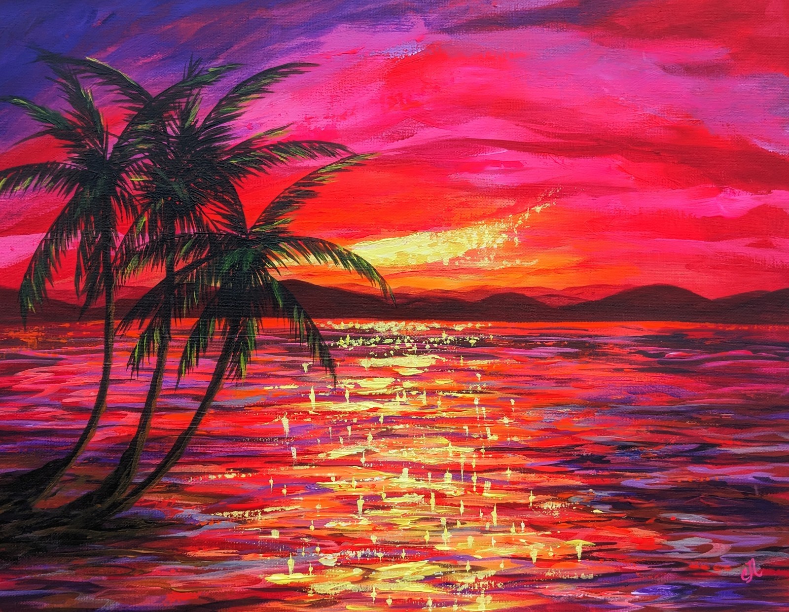 Tropical Beach Landscape. Original Painting On Canvas. Ocean Sunset & Palm Trees