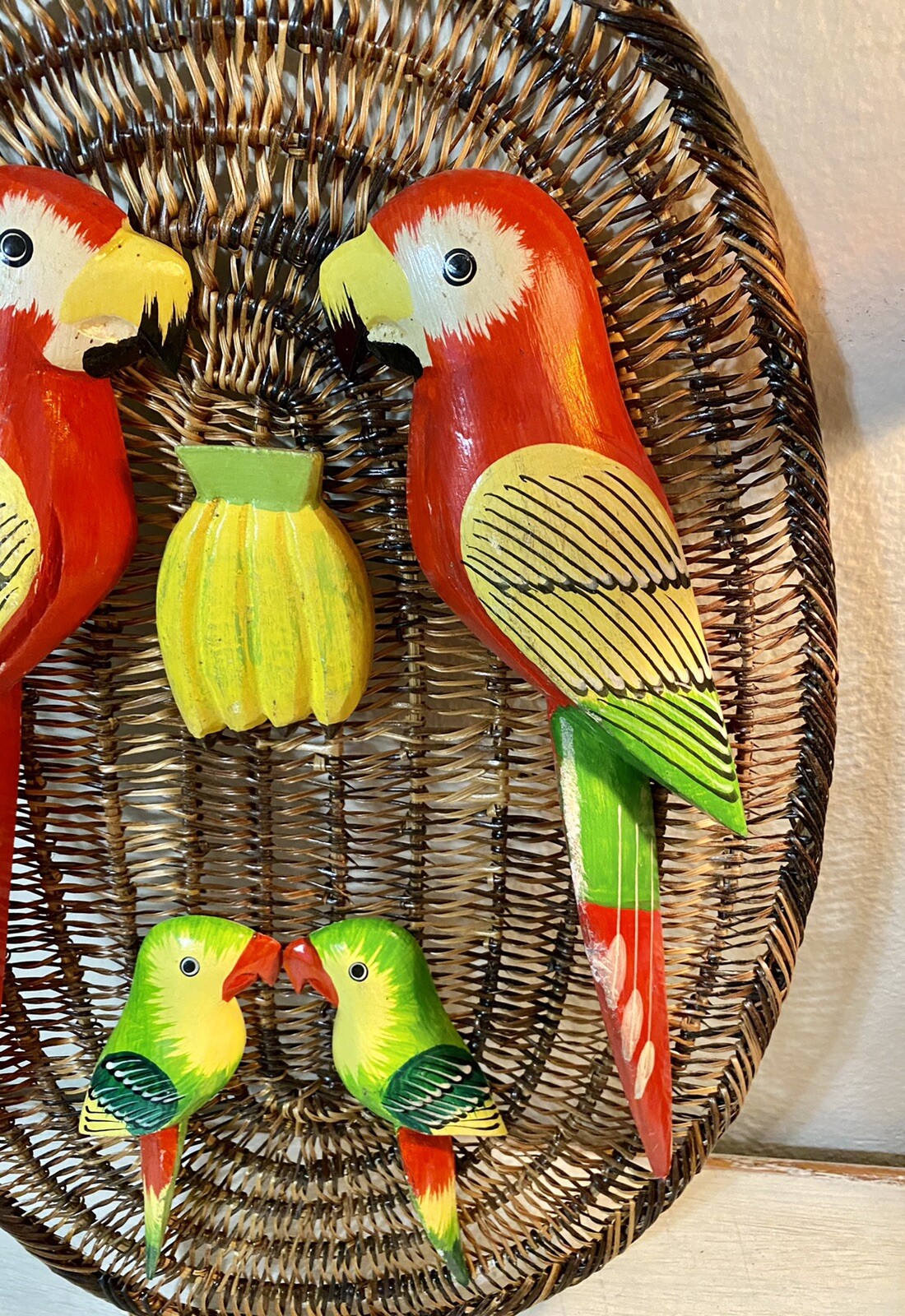 Set of 2 Vintage Wicker Wooden Hand Painted Folk Art Toucan Parrot Bird Decor