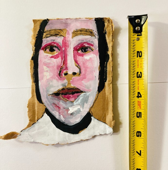 Original Outsider Art Primitive Quirky Woman Portrait Painting Torn Cardboard