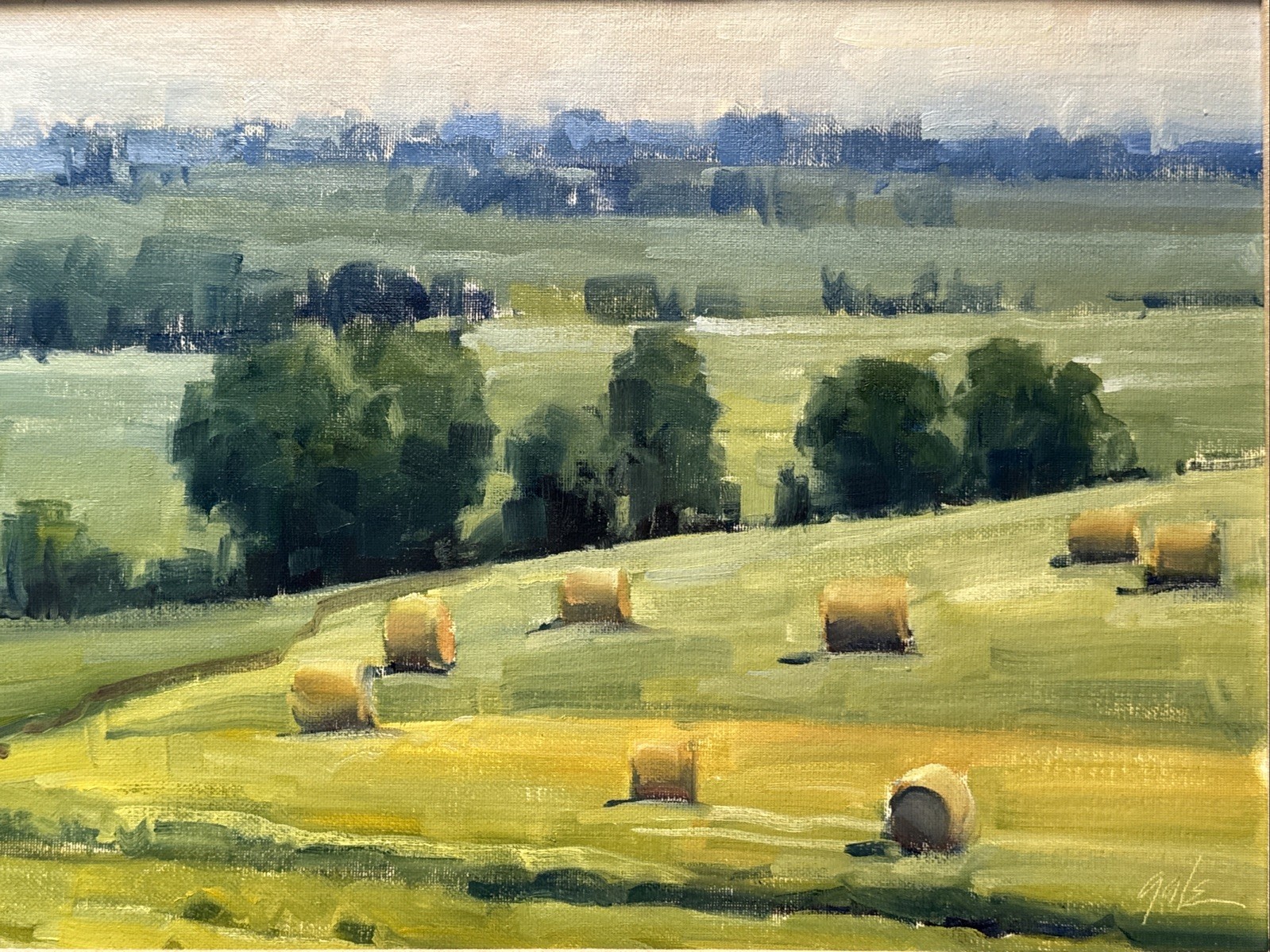 MARK GALE PAINTING IMPRESSIONIST FARM LAND HAY BAILS LANDSCAPE FAMOUS LISTED 16″