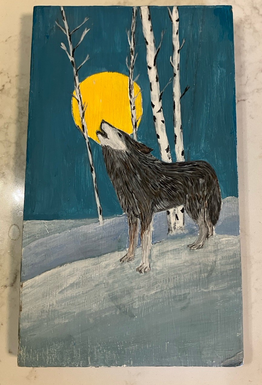 Original Painting On Wood Signed By Artist Wolf Howling At The Moon 8×5