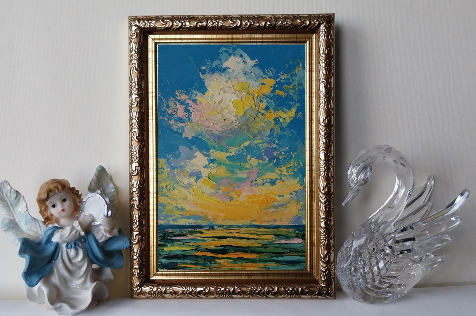 Framed Mini Seascape Golden Sunset Clouds Evening Sea 4×6” Original Oil Painting