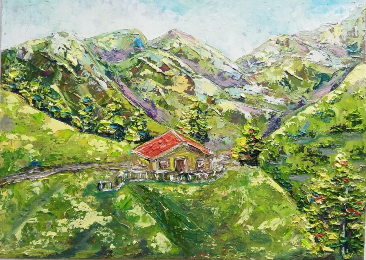 Alpine Mountains Landscape Oil Painting, Original Painting. No Frame. 20×28 cm