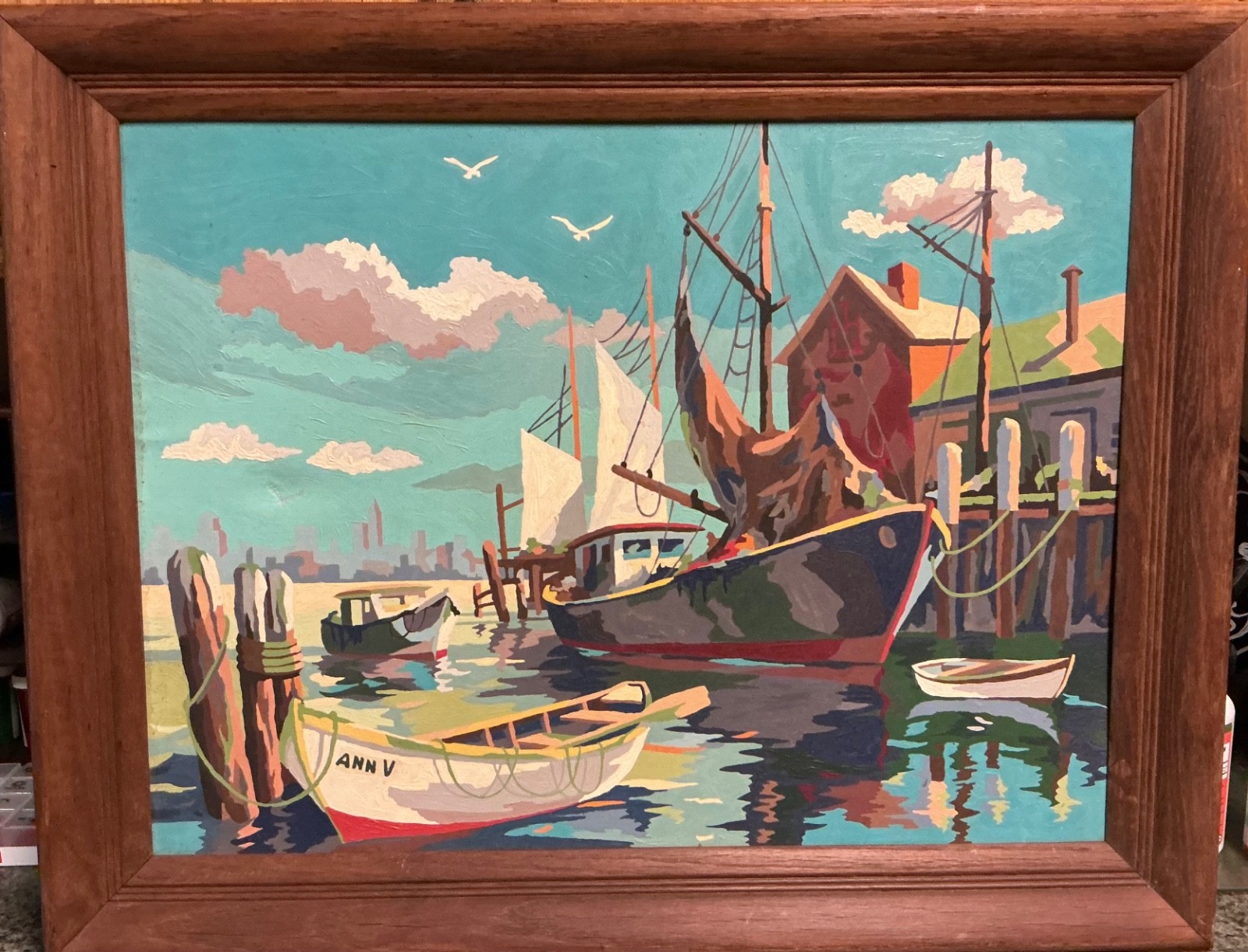 Vintage Large Framed Paint by Number PBN River Boating Scene 18” x 24”