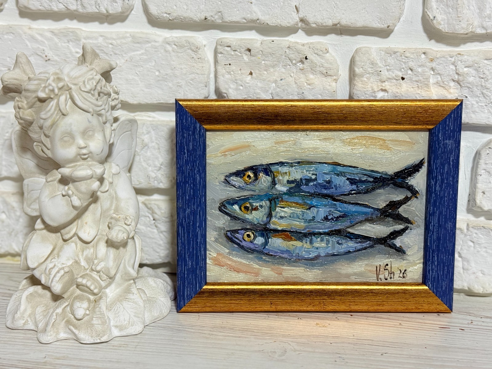 Sardine Original Oil Painting Fish Seafood Art Still life Kitchen Signed Framed