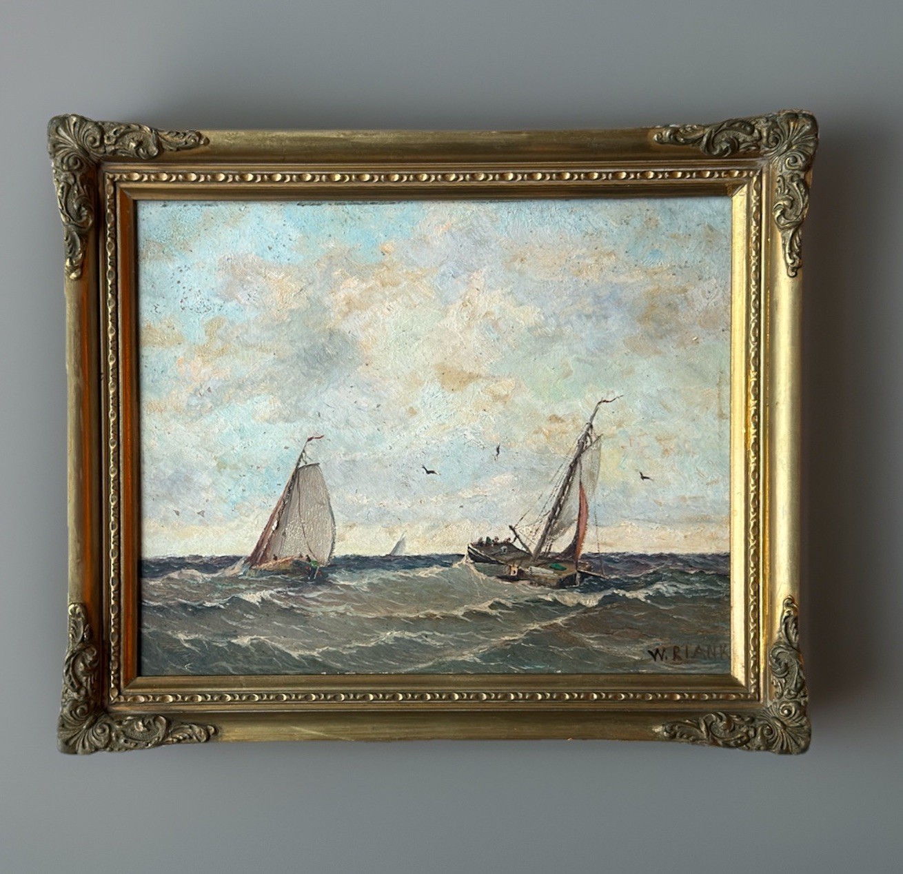 Antique Framed Dutch Oil Painting of Flat Bottom Barges w/ Leeboards, by W Riank