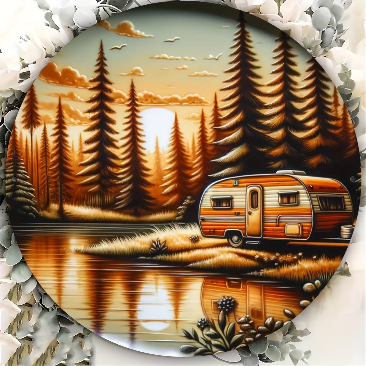 Vintage Camping Scene Round Aluminum Wall Art RV Pine Trees
