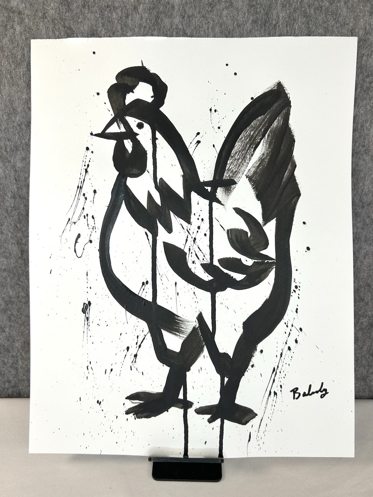 Bold Abstract Rooster Painting Black Ink Modern Art on Heavyweight Paper 11×14