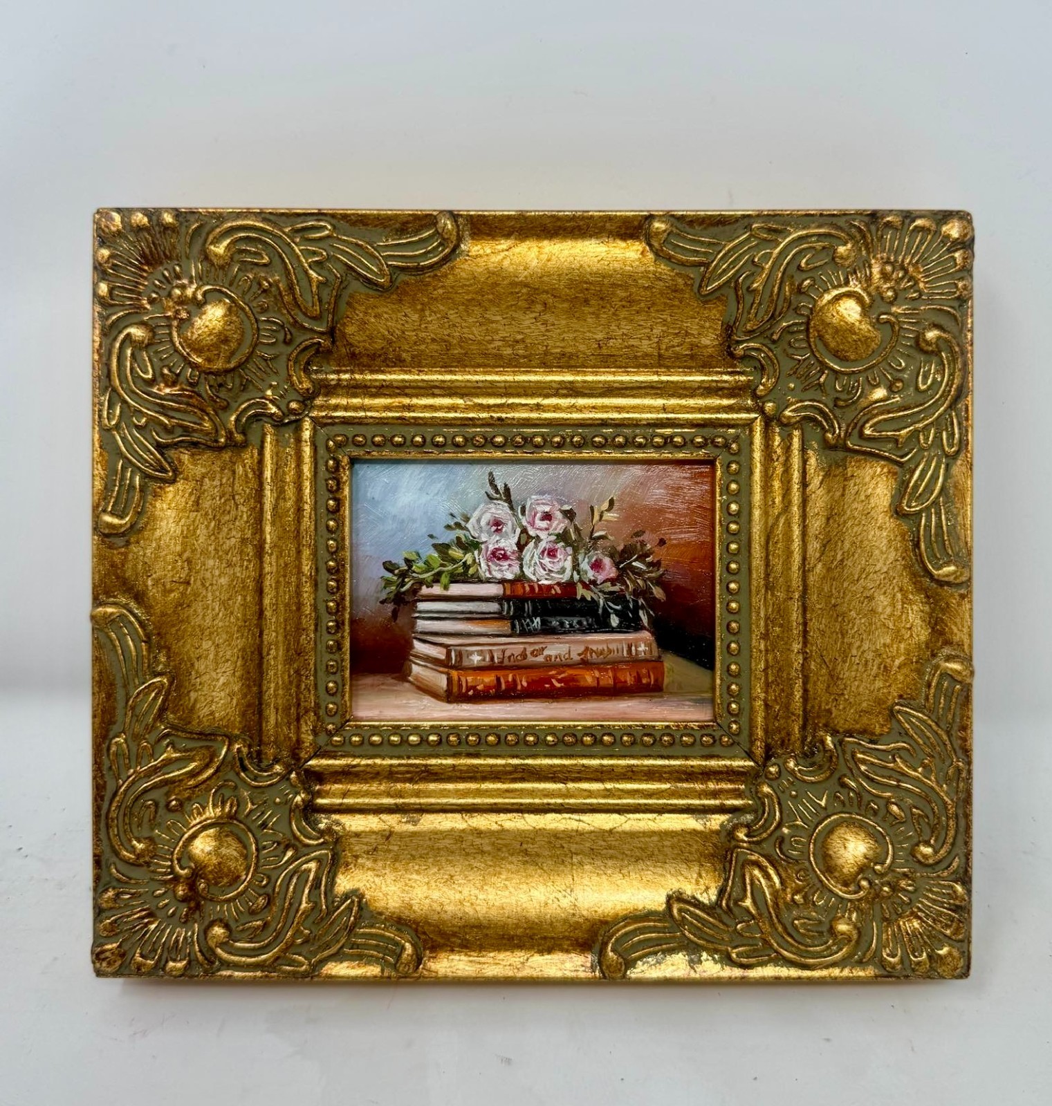 Vintage Mini Books and Flowers Still Life Painting Ornate Gold Frame