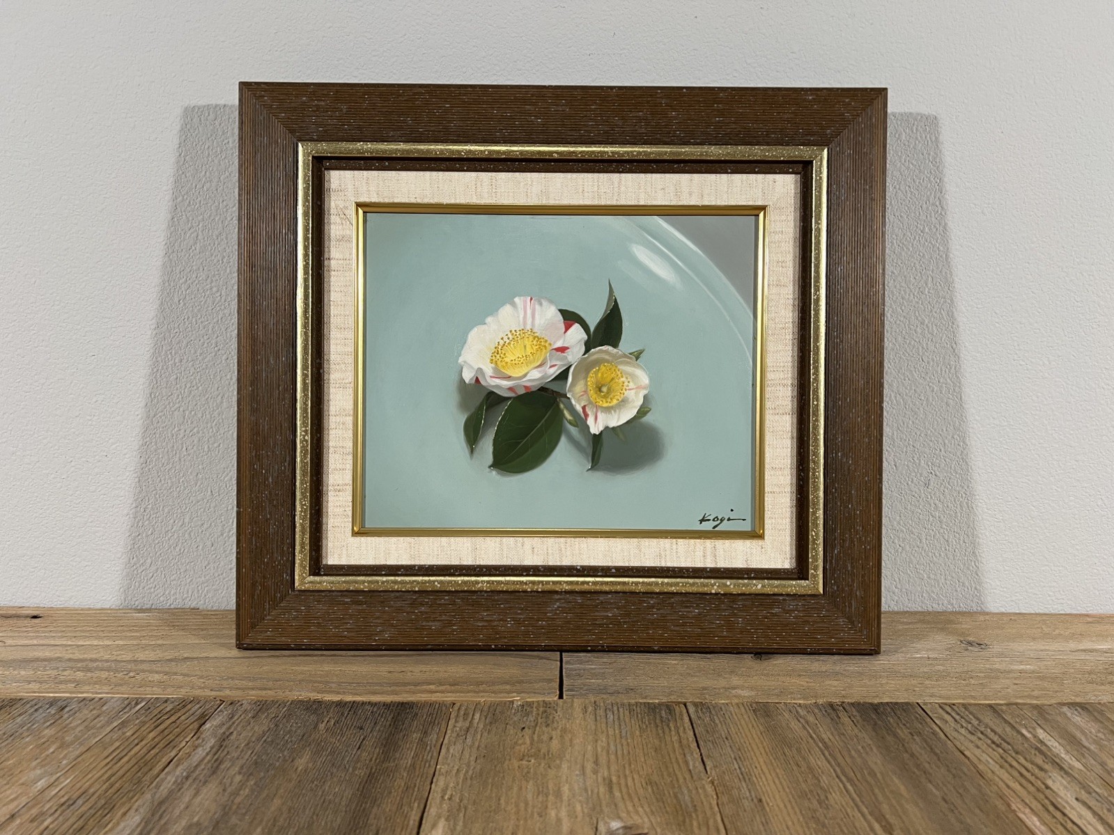 1990s Japanese Vintage Morden Realist Floral Still Life Oil Painting Tiffanyblue