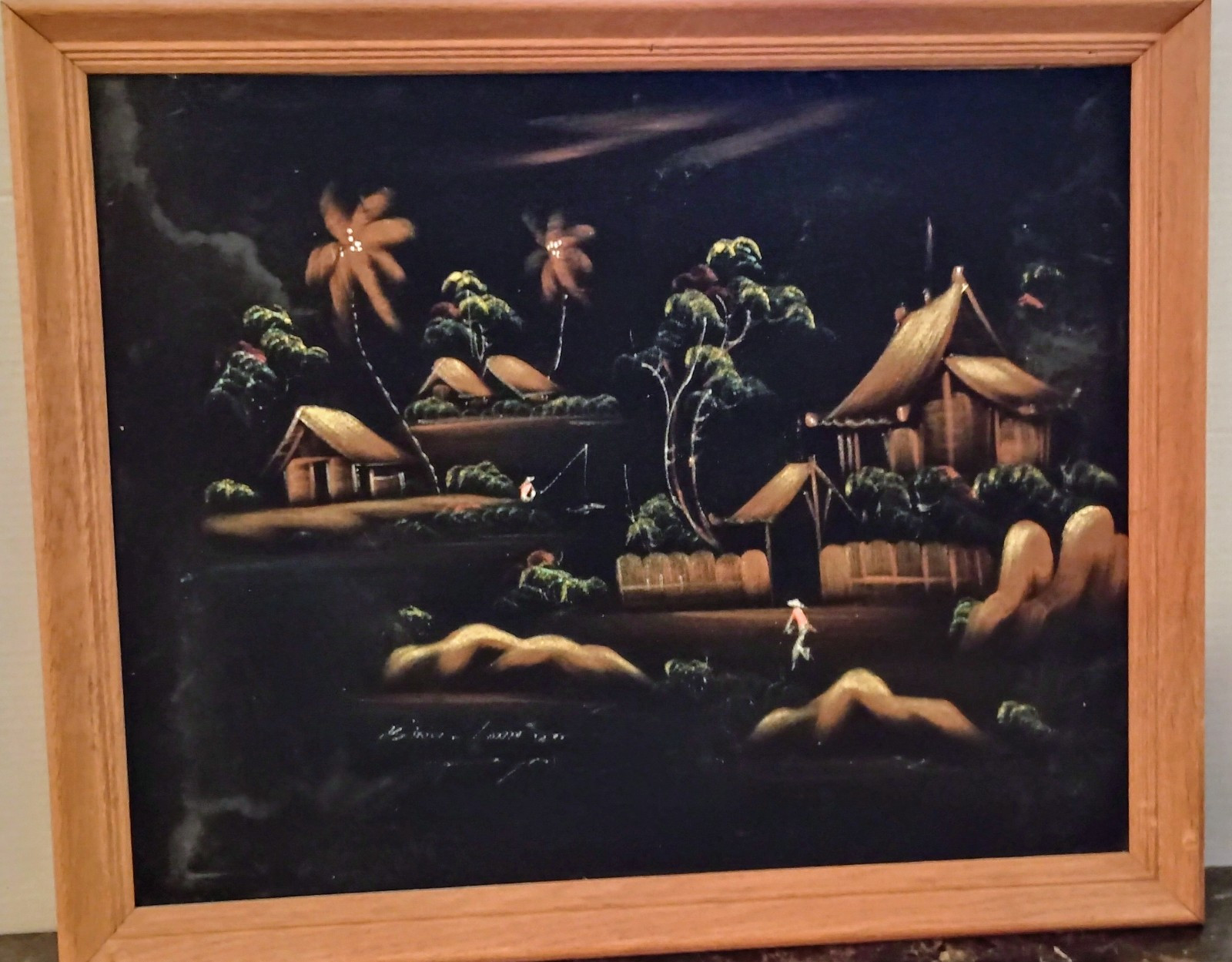 VTG Mid Century Black Velvet Surreal Tropical Island Landscape Framed 22” x 17