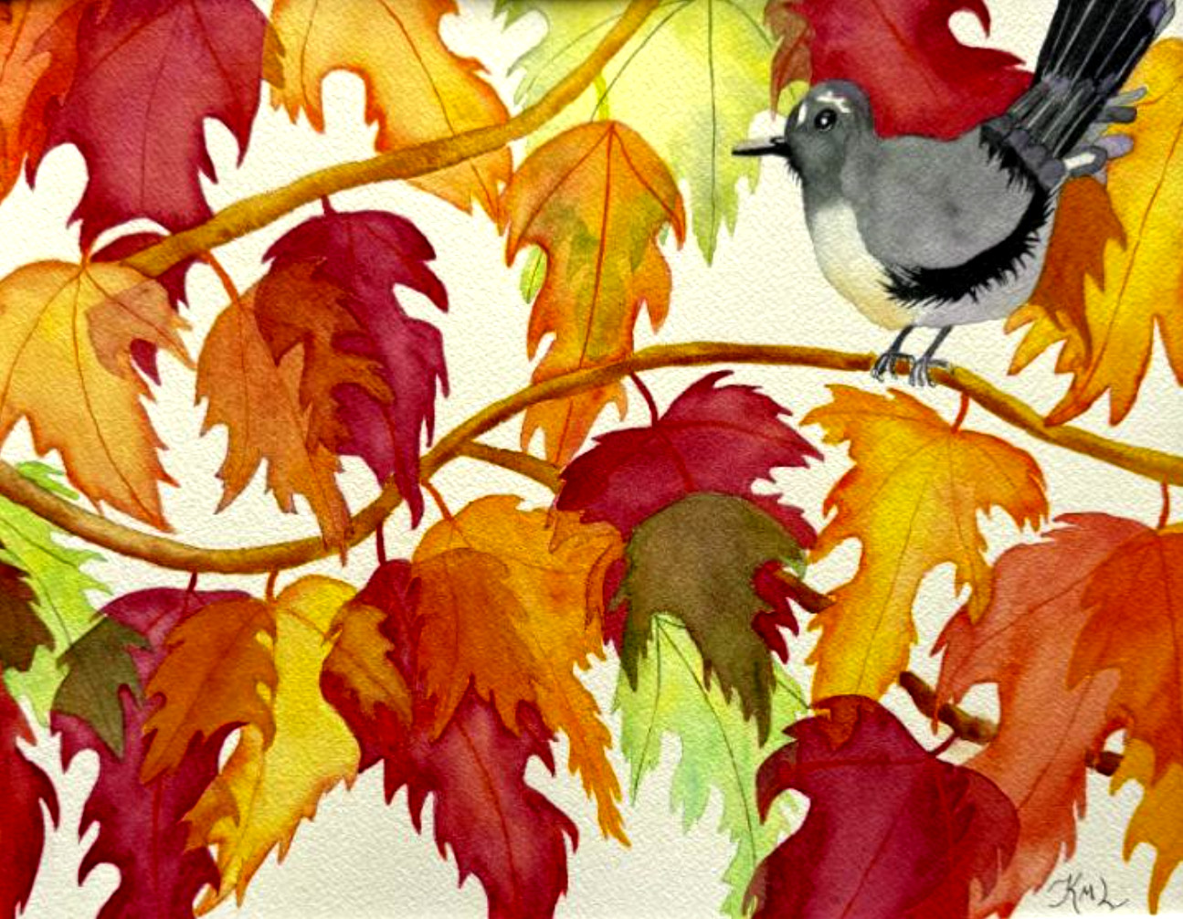 PAINTING WATERCOLOR 11X14 WHITE MAT 16X20 AUTUMN LEAVES BIRD ORANGE RED YELLOW