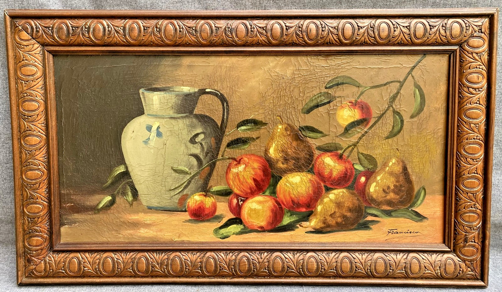 Antique french oil painting signed Francisco early 1900’s wood frame