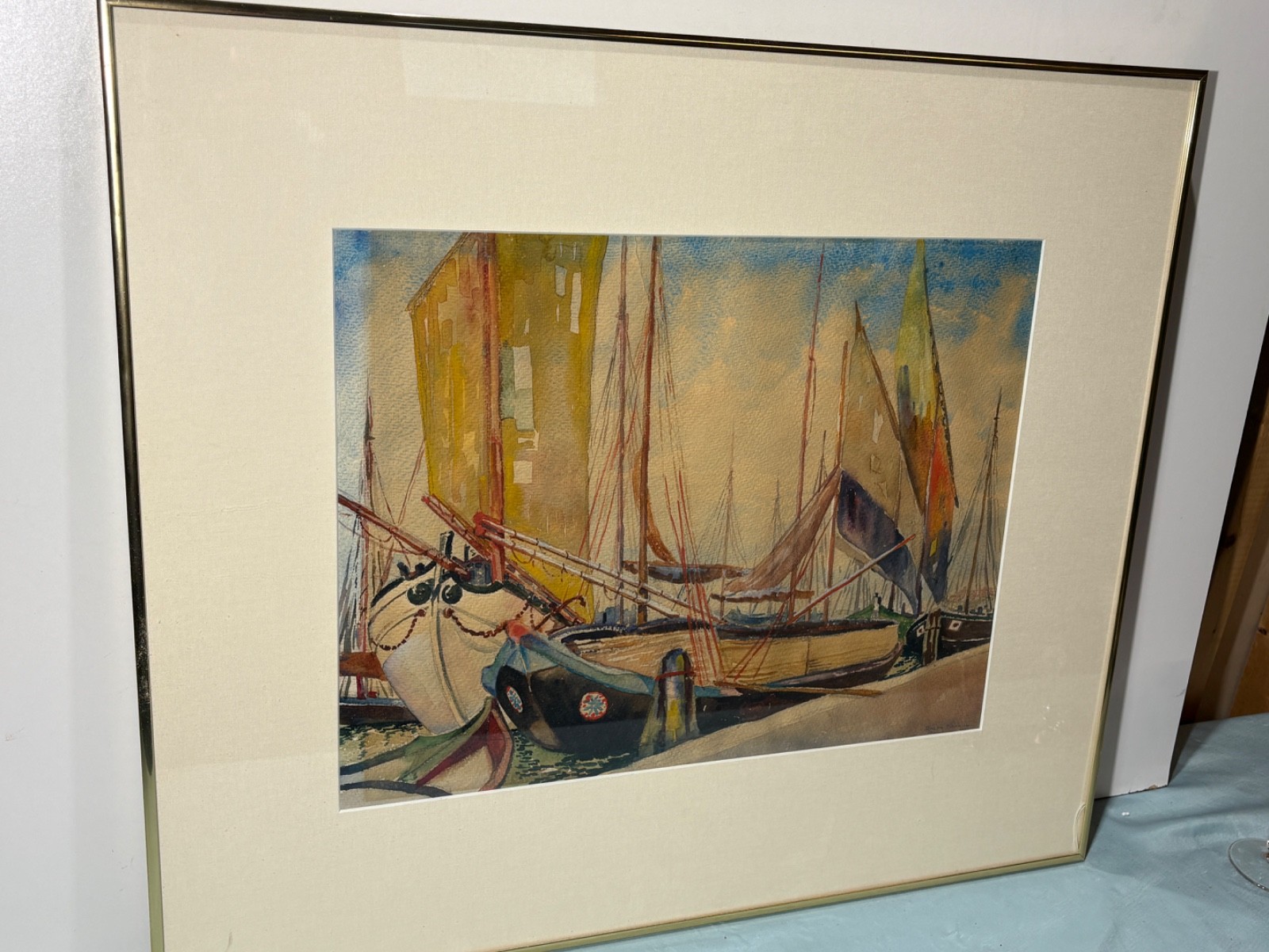 Ralph Fanning 1937 Watercolor of Sail Boats, Harbor Scene