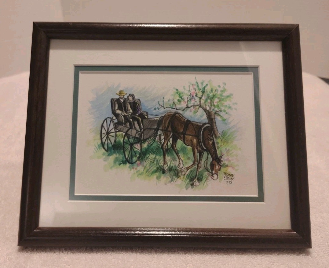 1993 Watercolor Painting ~ Wagon w/Horse & Amish/Menonite ~ Freiman Stoltzfus