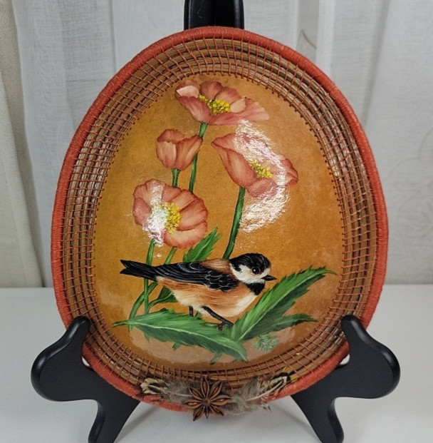 VTG Hand Crafted & Painted Leather & Wicker Oval Sparrow & Poppies Wall Hanger