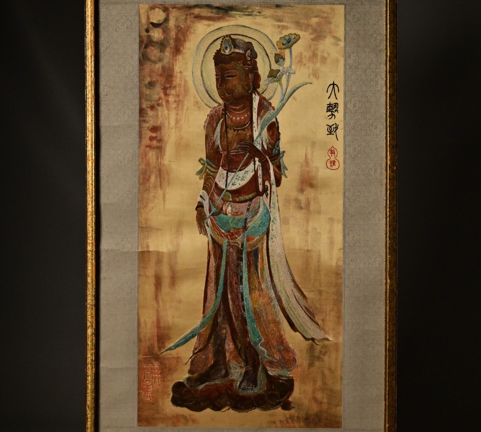 Chinese Antique Original Vintage Signed Asian Buddha Silk Scroll Brush Painting