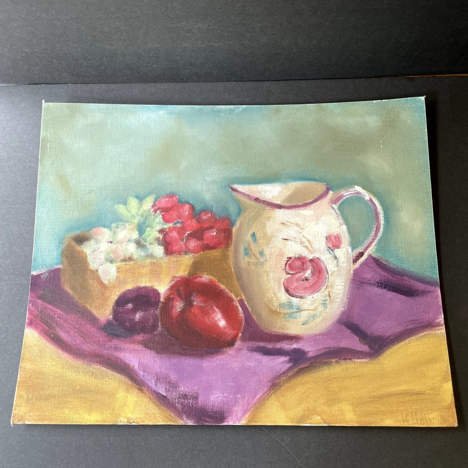 Vintage Original Still Life Painting Jug Fruit Apples Grapes Plum