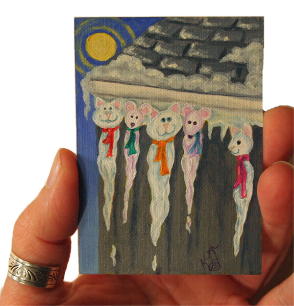 Cat mouse Icicles House winter Snow original ACEO mini Loberg fantasy art EBSQ