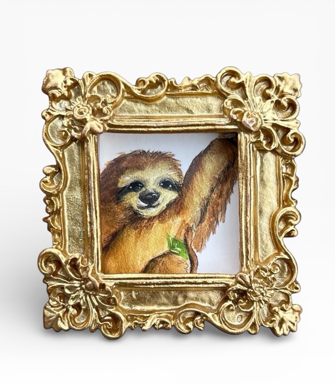 TEENY MINI • Sloth 🦥 🌱 watercolor animal print in TINY ornate frame