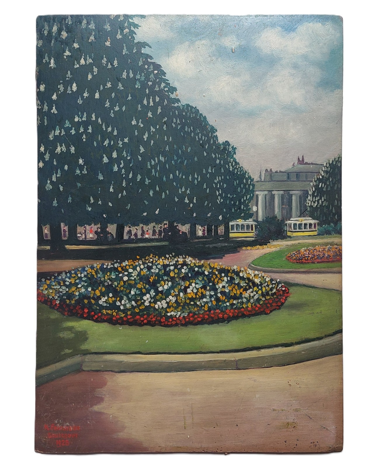 1928 Stuttgart Germany Original Painting On Board By K. Fehrmann Damaged AS IS